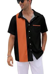 Vintage 1950s Casual Short Sleeve Button Up Contrast Summer Color Block Cuban Bowling Shirts Men - 黑色和焦橙色 - 查看 2