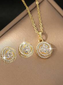 1set/3pcs Fantasy Gold Plated Flower Cubic Zirconia Necklace Earring Set Female Charm Jewelry Gift For Daily Wear And Festivals