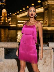 Basrey Glamine 分层流苏边缎面吊带连衣裙适合鸡尾酒会、舞会、单身派对舞会礼服、女士度假装、海滩度假装、女士性感俱乐部装