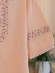 JIANHU Beige Linen Embroidered Blouse - Summer Boho Floral Top | 3/4 Sleeve Shirt With Hand-Stitched Collar & Cuff Details For 4th Of July/Graduation/Beach | Breathable Relaxed Fit Casual & Dressy Women's Top Pink - Pink - View 6