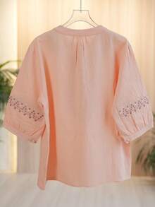 JIANHU Beige Linen Embroidered Blouse - Summer Boho Floral Top | 3/4 Sleeve Shirt With Hand-Stitched Collar & Cuff Details For 4th Of July/Graduation/Beach | Breathable Relaxed Fit Casual & Dressy Women's Top Pink - Pink - View 4
