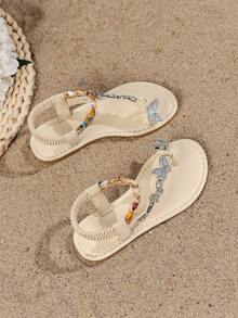 2025 New Style Children Sandals, Beach Sandals, Brand Name Sandals, Fashionable Beige Sandals, Rhinestone Sandals, Bohemian Style Sandals, Comfortable & Durable, Handwoven Shoelaces - Multicolor - View 5