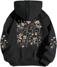 Women's Floral Printed Hoodies Vintage Aesthetic Flower Graphic Sweatshirt Cute Boho Fleece Thermal Hoodie Pullover - 黑色 - 查看 1