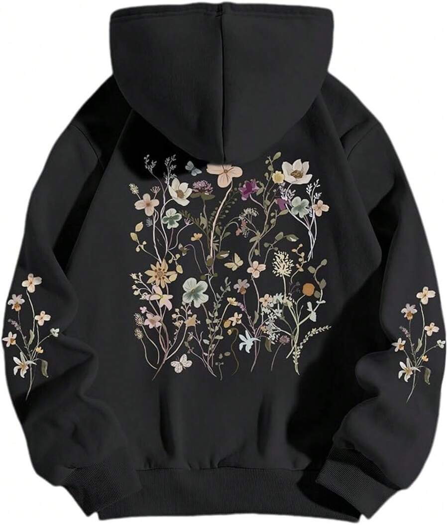 Women's Floral Printed Hoodies Vintage Aesthetic Flower Graphic Sweatshirt Cute Boho Fleece Thermal Hoodie Pullover - 黑色 - 查看 1