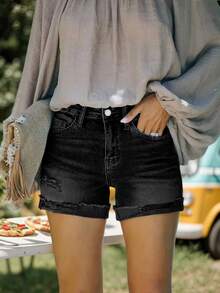 [Stretchy Denim Shorts] Stretchy Denim Shorts, Women's Mid-Rise Ripped Shorts With Frayed Raw Hem | 5 Pockets, Zipper Fly, Soft Blend, Perfect For Summer, Beach, And Casual Outings  Plain    Casual    Pocket  Button  Zipper - 白色 - 查看 3