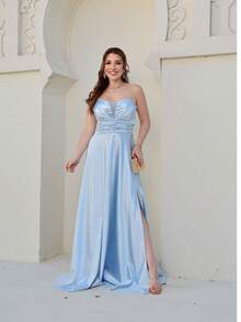 Long Party Dress With Satin Fabric And Slit For Bridesmaids Wedding - Serenity Blue - View 1
