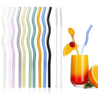 QY 10 Pcs Reusable Wavy Colorful Glass Straws9''x8 Mm Shatter Resistant Cute Drinking Straws With 2 Cleaner Brush For Beverages Coffee Juice Cocktail Teas 2216