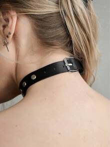 1 Pc Women's Sexy Punk Choker Necklace, Rock Gothic Black PU Leather Tassel Studded Bondage Collar Party Jewelry Accessory - Black - View 4