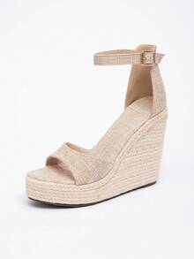 女士露趾麻绳厚底防水坡跟罗马凉鞋，带扣带，适合春假，波西米亚风，性感高跟拖鞋