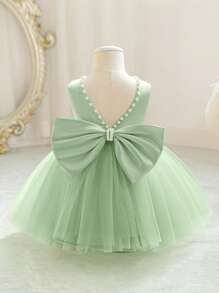 Baby Girls Mint Green Handmade Beaded 3D Bow Christmas Party Elegant Tulle Princess Dress, Suitable For Girls' 1st Birthday Gift, Party, Banquet, Holiday Celebration - Mint Green - View 2