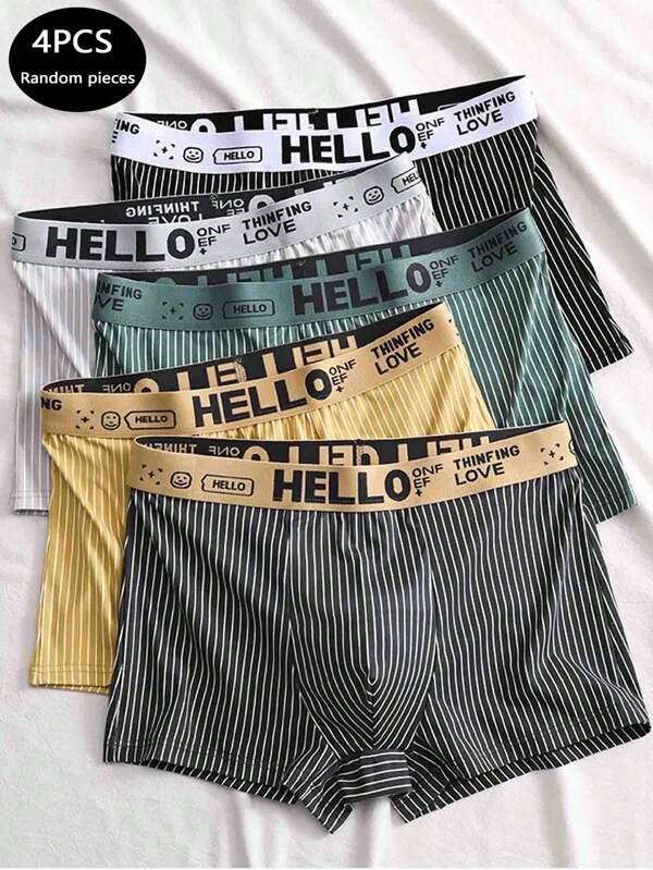 4 paquetes de shorts bóxer para hombre en colores aleatorios con cintura Elastic y letras de cintura irregular; rayas de moda; suaves; shorts de boxeo para hombres, ropa interior para todo el día y soporte