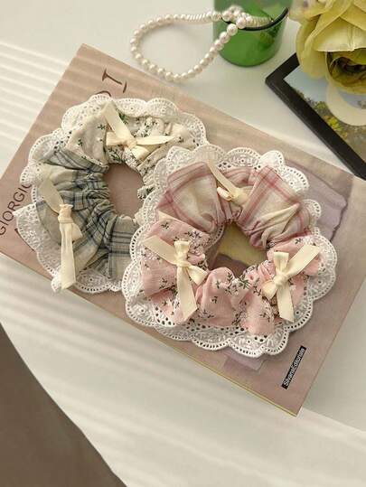 1 pieza Scrunchie floral fresco, lazo de pelo de encaje a cuadros dulce, nuevo accesorio para el cabello estilo campestre para mujeres, maquillaje