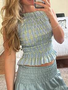 Women Y2k 2 Piece Smocked Loungwear Sleeveless Tiered Ruched Crop Tank Top Low Rise Ruffle Bloomer Shorts Matching Set Summer Fairycore Going Out Set - Màu xanh lam - Xem 2