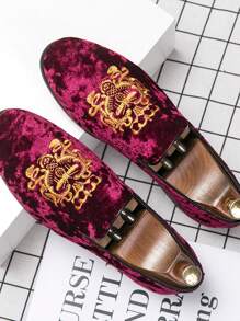 男士红色乐福鞋刺绣复古牛津一脚蹬平底正装鞋、驾车鞋、婚鞋 - 紅色 - 查看 2