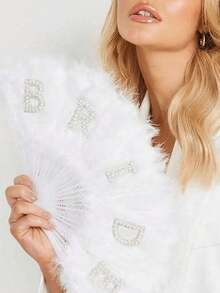 1 pieza Abanico de plumas artificiales de pelo, abanico de plumas para novia con perlas, accesorio individual para mujeres, decoración de bodas y fiestas, abanico de mano adecuado para accesorios de ropa y decoración de fiestas para bodas - Multicolor - Ver 3