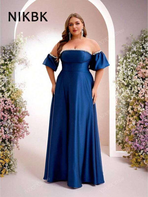 NIKBK Herbstkleidung Große Größen oder Damen Herbst Blaues langes Kleid mit Off-Shoulder Design, breiten Trägern, einfarbig, Reißverschluss, bequem geschnitten, A-Linie, für Party, formelle Anlässe, Hochzeitsgäste, Brautjungfern, Abendkleid, Ballkleid