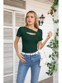 Womens Fashion Fall Cutout Long Sleeve Ribbed Slim Fitted Tops Shirts Tee Tshirts - Short-dark Green - View 2