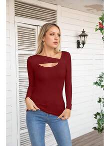 Womens Fashion Fall Cutout Long Sleeve Ribbed Slim Fitted Tops Shirts Tee Tshirts - 長葡萄酒紅 - 查看 2