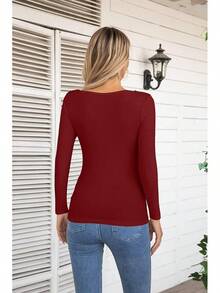 Womens Fashion Fall Cutout Long Sleeve Ribbed Slim Fitted Tops Shirts Tee Tshirts - 長葡萄酒紅 - 查看 4