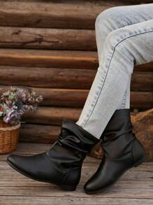 Women Casual Flat Ankle Boots, Retro Solid Color Slip-On Short Boots, Comfortable Outdoor Boots