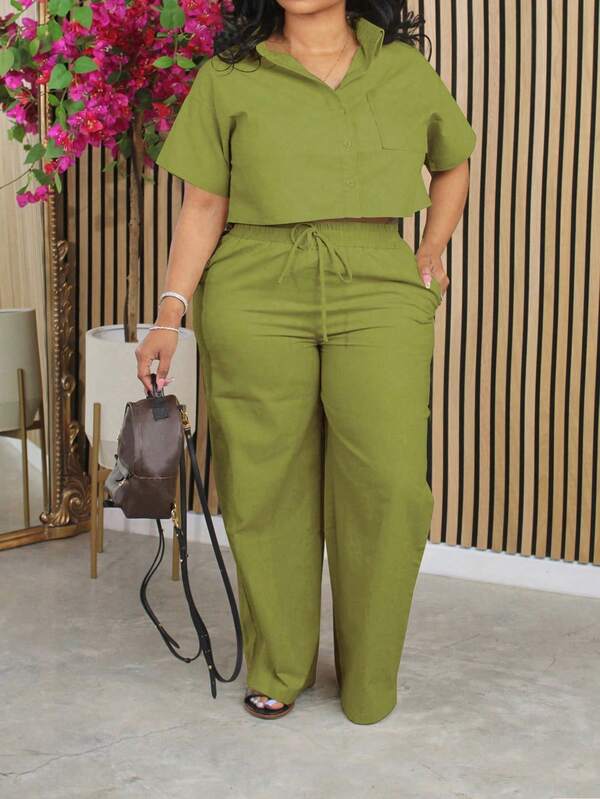 2pcs Plus Size Linen Casual Suit: Short Sleeve Shirt & Wide Leg Pants, Spring/Summer
