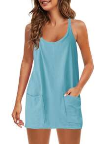 Womens Sleeveless Athletic Hot Shot Mini Dress With Built-In Shorts Sundress - 天藍色 - 查看 7