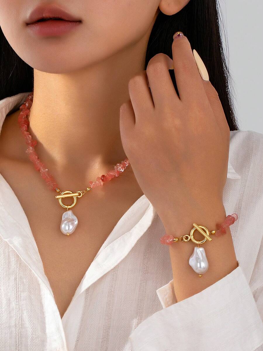 女士绿松石碎片和巴洛克珍珠首饰套装，包含 2 件简约合金时尚配饰 - 项链和手链套装，适合日常佩戴