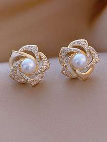 人造珍珠和水钻花朵装饰耳钉 情人节、妈妈、母亲节、礼物
