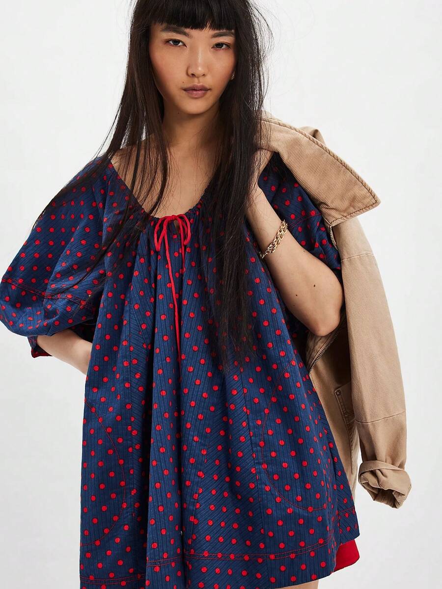 Women Short Dress Crew Neck Puffy Sleeve Drawstring Polka Dot Print A-Line Mini Dress Dailywear - Blue - View 1