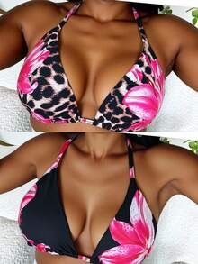 Slaydiva 1pc Plus Size Women Flower Print Halter Bikini Top, 2pcs Set - Multicolor - View 1