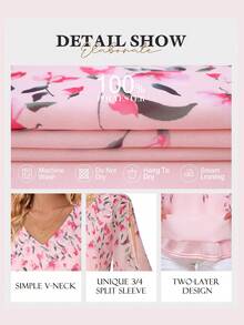 女士荷叶边V领双层网纱宽松飘逸系带七分袖衬衫 - 粉色 - 查看 4