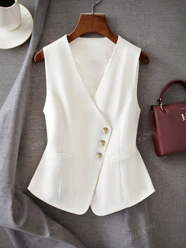 Dames herfstvest, 2025 lente & herfst slim fit high-end mouwloos jasje, V-hals elegante veelzijdige modieuze bovenkleding