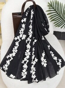 1pc Women Fashionable Spring & Autumn Casual Embroidered Floral Pattern Scarf Shawl Headscarf, Suitable For Everyday Wear