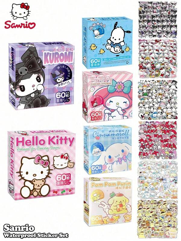 Sanrio Sanrio Waterproof Sticker Set - 6 Adorable Cartoon Characters, 63 Stickers Per Set, Waterproof And Reusable - Great For Laptops, Water Bottles, Notebooks, Etc. - Ideal For Teens, Students And Sanrio Fans - Also Known As Decals, Sticky Notes And Labels - Irresistibly Cute Design,School Supplies,Back To School
