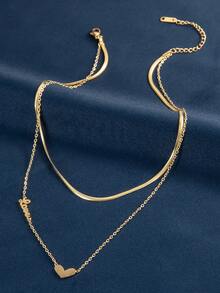 1 件简约休闲双层项链，带心形标签“LOVE”长毛衣链，女士日常服装配饰