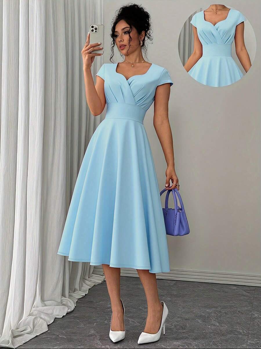 Plain Elegant Zipper Wrap Asymmetrical Wedding Women's Retro 1950s, 1950s, 1960s A-Line Pleated Slim Fitting Wedding Dress, Party Date, Evening Gown - 藍色 - 查看 1