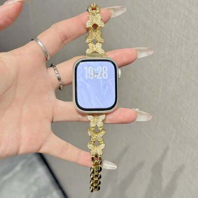 LuLuTom 1pc Luxury Women Butterfly Shiny Diamond Copper Bracelet Watch Band Compatible With Apple Watch Band Ultra2/Ultra/SE/8/7/6/5/4/3/2/1, Compatible With Apple Watch Strap 38/40/41/42/44/45/49mm