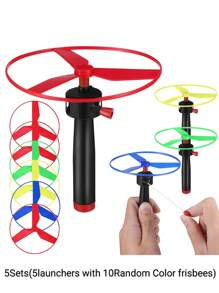 1/2/3/4/5 Sets Random Color Plastic Pull Line UFO Flying Disc Toy, Flying Saucer, Flying Disc Launcher Toy For New Year/Halloween/Thanksgiving/Christmas/Birthday Gifts, Plastic Toy, Party Small Gift, Stress Relief Toy, Decompression Toy, Indoor/Outdoor Toy
