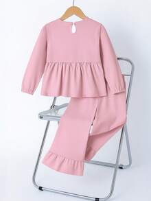 Conjunto de 2 piezas en color rosa, elegante y dulce, con blusa de manga larga con lazo + pantalones anchos cómodos con adorno floral, para primavera/otoño - Rosa - Ver 4