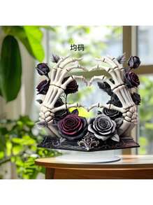 1pc 2D Flat Boho Skeleton Hand With Black Rose Acrylic Desktop Decor - Gothic Floral Art, Suitable For Home, Office Or Holiday Gift, Versatile Creative Decoration