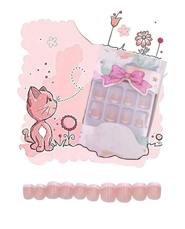 MISUD French Fake Nails 24pcs Classic Natural Pre-Glued Short Square Shape With Shiny Edge False Nails For Kids And Teen Girls Full Cover Artificial Nails