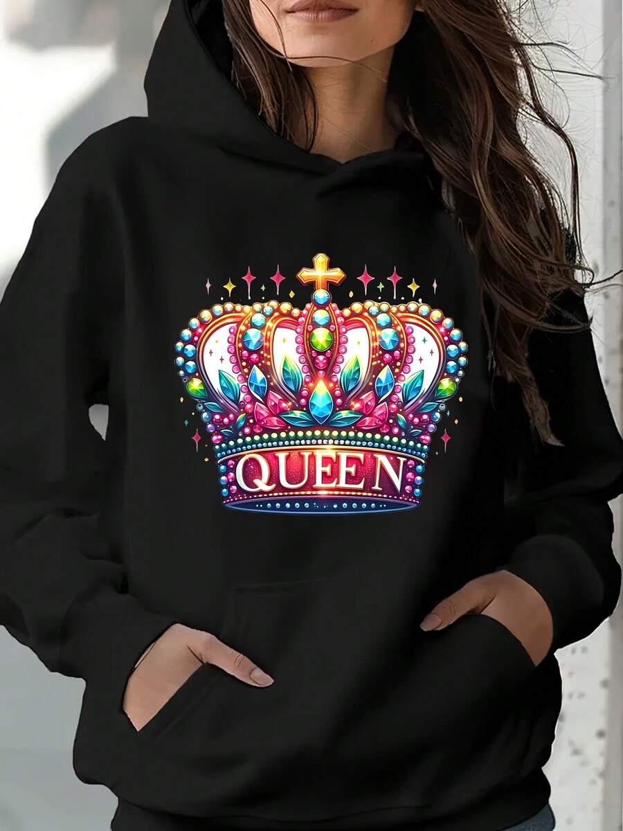 Women's Birthday Queen Graphic Sweatshirt - Printed With Crown Or Birthday Queen Letters, Lightweight Everyday Birthday Party Wear, Machine Washable Birthday Gift Top, Casual Wear, Feminine Style, Long-Lasting And Durable Print - Black - View 1