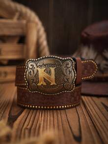 1条男士波西米亚西部牛仔风格字母压纹金属扣复古深棕色PU皮带，适合秋季、万圣节、秋冬季节，适合青少年、青年、男士，休闲、户外、运动、度假、毕业礼物、生日、日常穿着 - 深棕色 - 查看 30