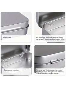 空心金属矩形铰链盒 - 银色迷你便携式容器，带盖小型储物套装，家庭组织，用于存放图钉、珠宝制作、礼品、珠宝、药丸、糖果、火柴、肥皂（银色）、缝纫用品的基本必需品