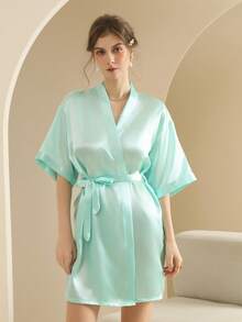 Women's Silk Nightgown Wedding Dressing Robe Lightweight Cardigan Robe Bridal Morning Robe Friend's Robe, Suitable For Home And Hotel Wear. - Turquoise - View 2