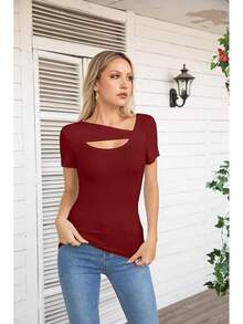Womens Fashion Fall Cutout Long Sleeve Ribbed Slim Fitted Tops Shirts Tee Tshirts - Short-wine Red - View 3