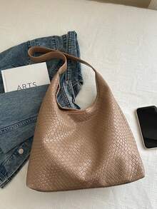 1 件女士时尚新月形编织 PU 皮革单肩包，带零钱包 - 卡其色 - 查看 8