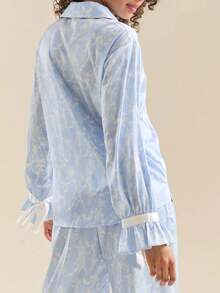 Valentine's Day Pajamas Outfits For Women Y2k 2 Pcs Floral Print Lounge Sets Long Sleeve Lapel V Neck Button Closure Shirts And Elastic Drawstring Mid Waist Long Pants Sleepwear Sets With Pockets Summer Fall Loose Fit Nightwear Loungewear Aesthetic Clothes - Màu xanh lam - Xem 3