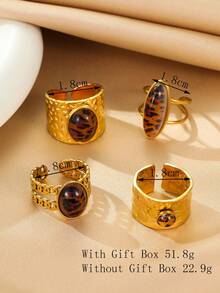 4 件套不锈钢豹纹和宝石复古风格开口戒指套装，适合女性日常装饰或礼物 - 金黃色 - 查看 3