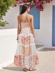 Women's Floral Print Long Dress Sleeveless Spaghetti Strap Tiered Ruffle Dress Vacation Dress